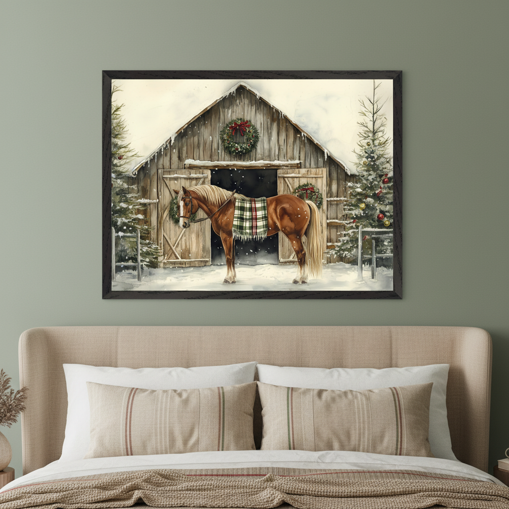 Bedroom with a beige upholstered bed. A framed watercolor of a snowy Christmas barn, decorated tree, and a brown horse with a plaid blanket hangs centered above the bed on a green wall.