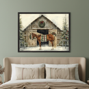 Bedroom with a beige upholstered bed. A framed watercolor of a snowy Christmas barn, decorated tree, and a brown horse with a plaid blanket hangs centered above the bed on a green wall.