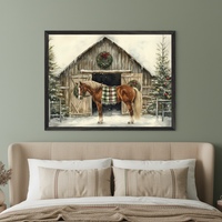 Bedroom with a beige upholstered bed. A framed watercolor of a snowy Christmas barn, decorated tree, and a brown horse with a plaid blanket hangs centered above the bed on a green wall.