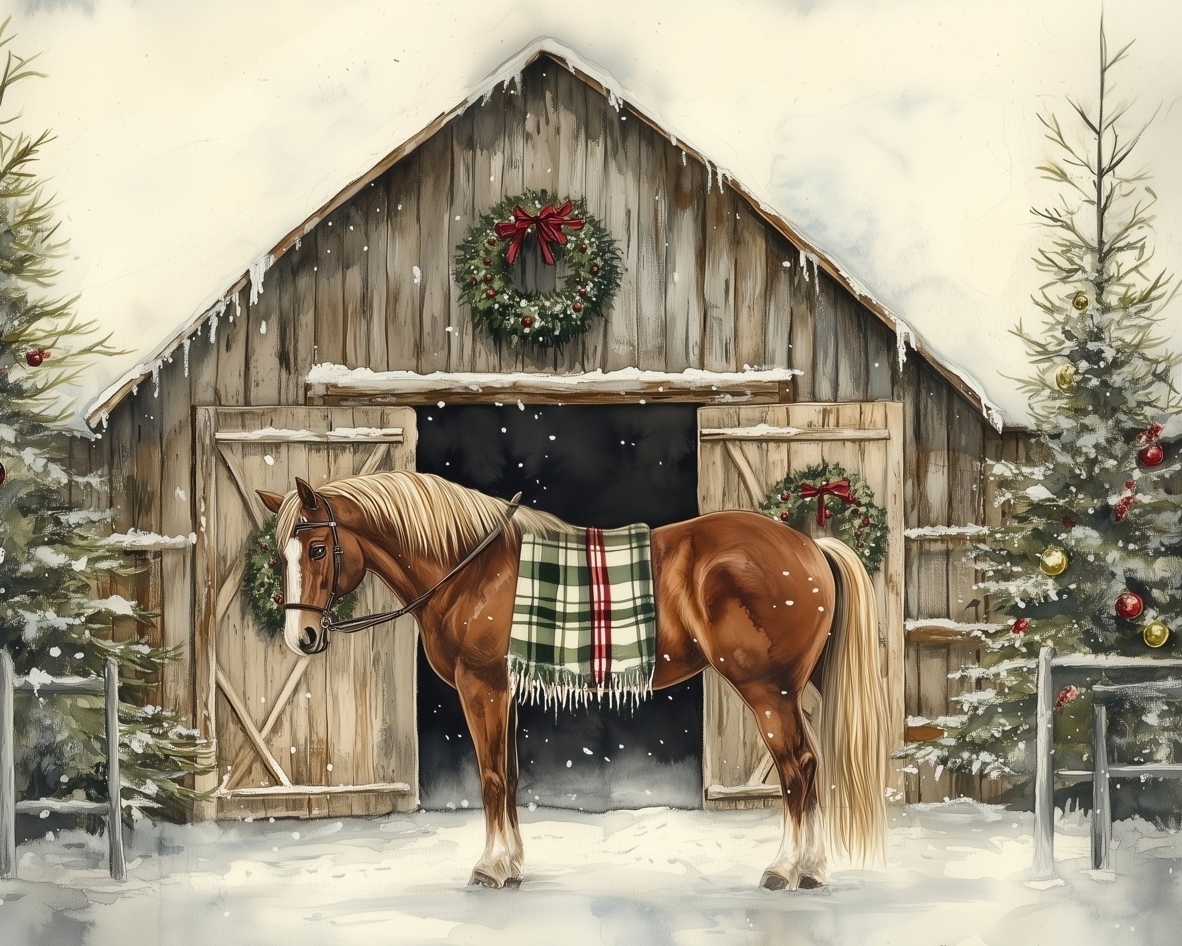 A festive horse stands in the snow outside a rustic wooden barn, which is adorned with wreaths and surrounded by decorated Christmas trees. The horse wears a green plaid blanket, completing the cozy country holiday look.
