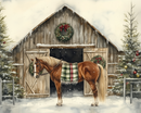 A festive horse stands in the snow outside a rustic wooden barn, which is adorned with wreaths and surrounded by decorated Christmas trees. The horse wears a green plaid blanket, completing the cozy country holiday look.
