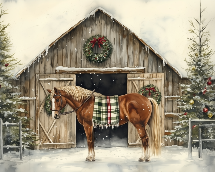 A festive horse stands in the snow outside a rustic wooden barn, which is adorned with wreaths and surrounded by decorated Christmas trees. The horse wears a green plaid blanket, completing the cozy country holiday look.
