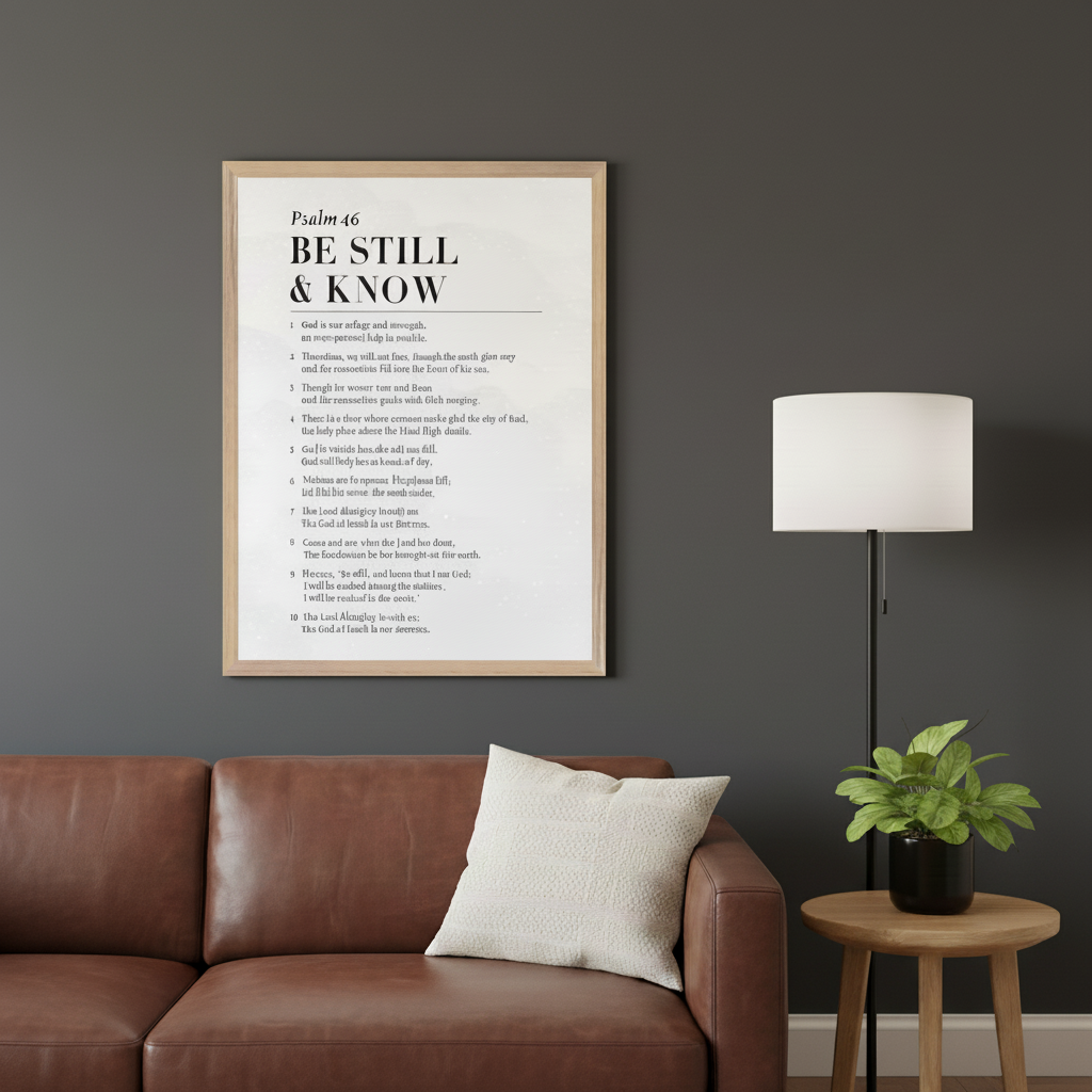 Modern living room with a brown leather sofa. A large framed typographic poster displaying "Psalm 46 BE STILL & KNOW" and scripture text hangs on a dark gray wall above the sofa. A floor lamp and small wooden side table with a plant are to the right.