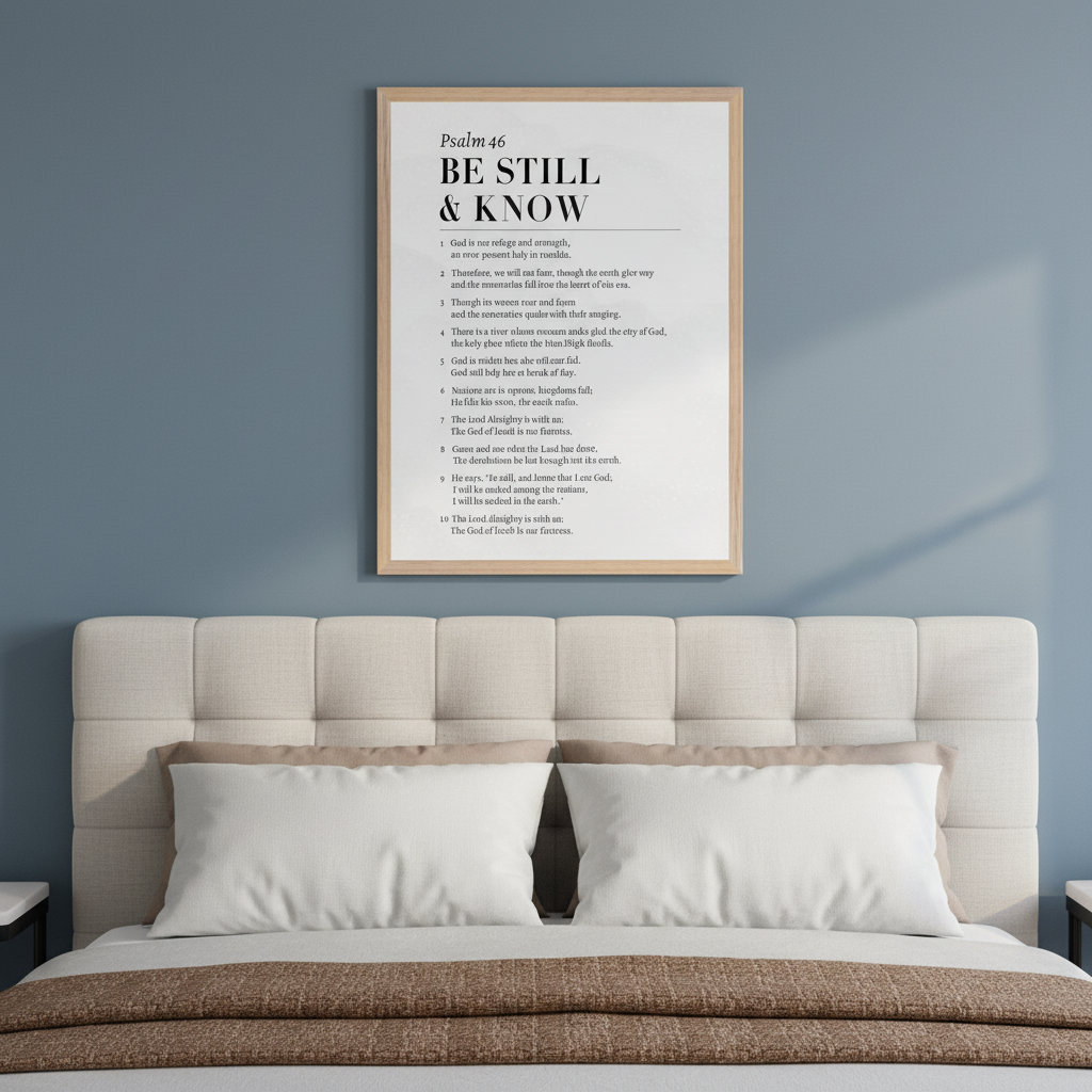 Modern bedroom with a light-colored tufted bed. A framed print, titled "Psalm 46 BE STILL & KNOW" with black text on a white background, hangs centered above the bed on a blue wall.