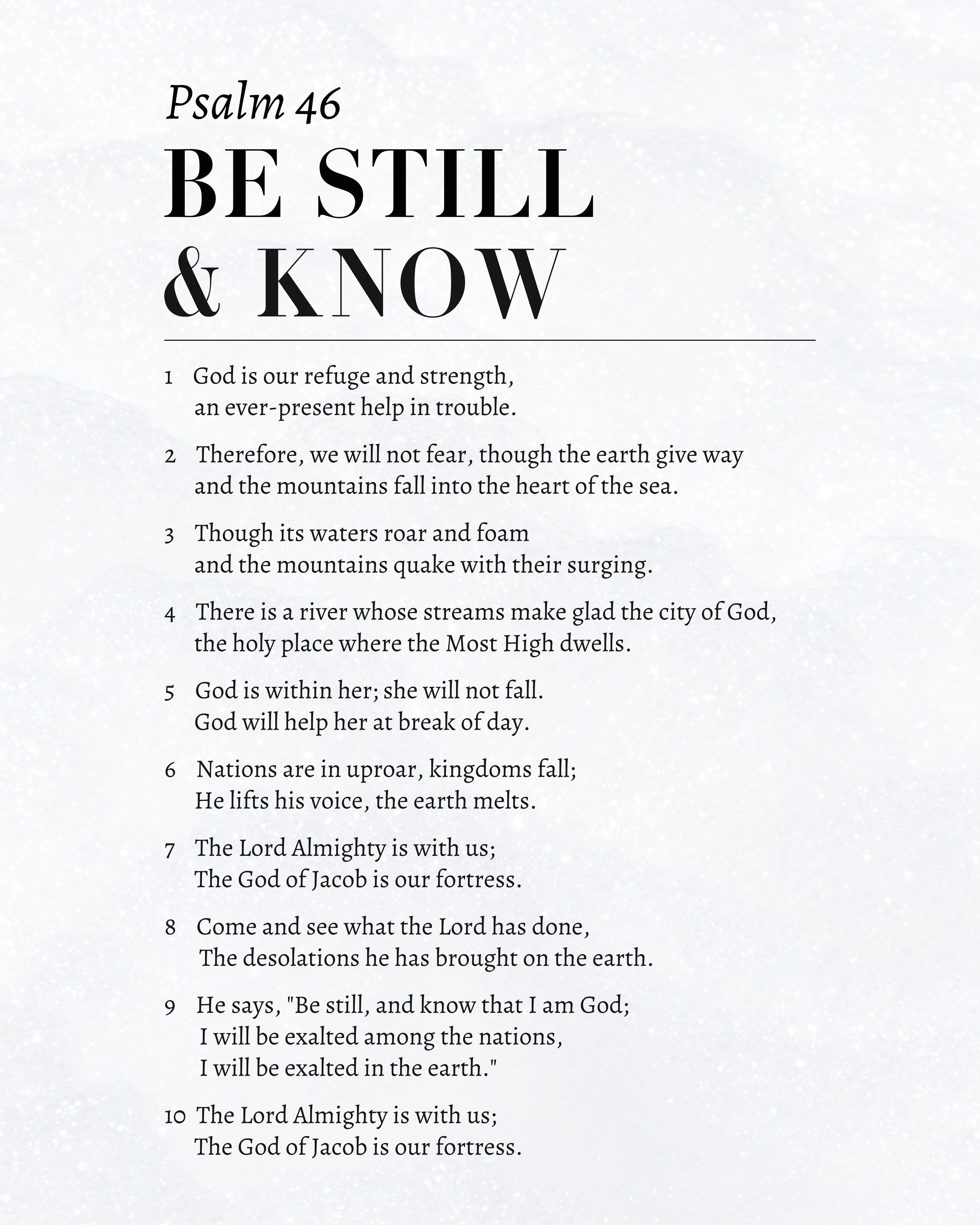 Stylized text of Psalm 46 over a soft, snowy gray background, featuring the bold title "Be Still & Know" with the full scripture emphasizing God’s protection and strength during chaos and fear.
