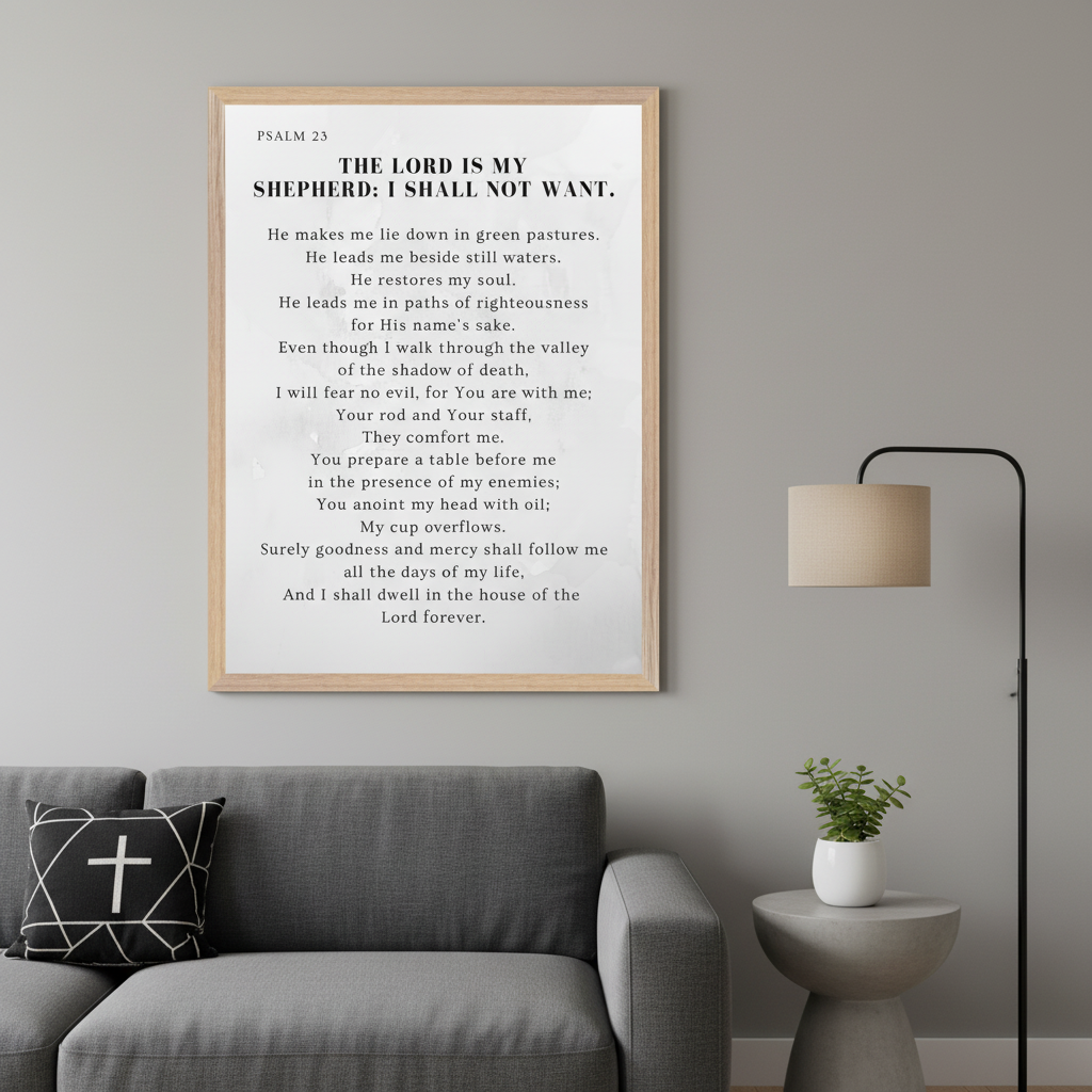 Modern living room with a gray sofa and concrete side table. A large wood-framed print of Psalm 23 text in a minimalist style hangs above the sofa and side table.