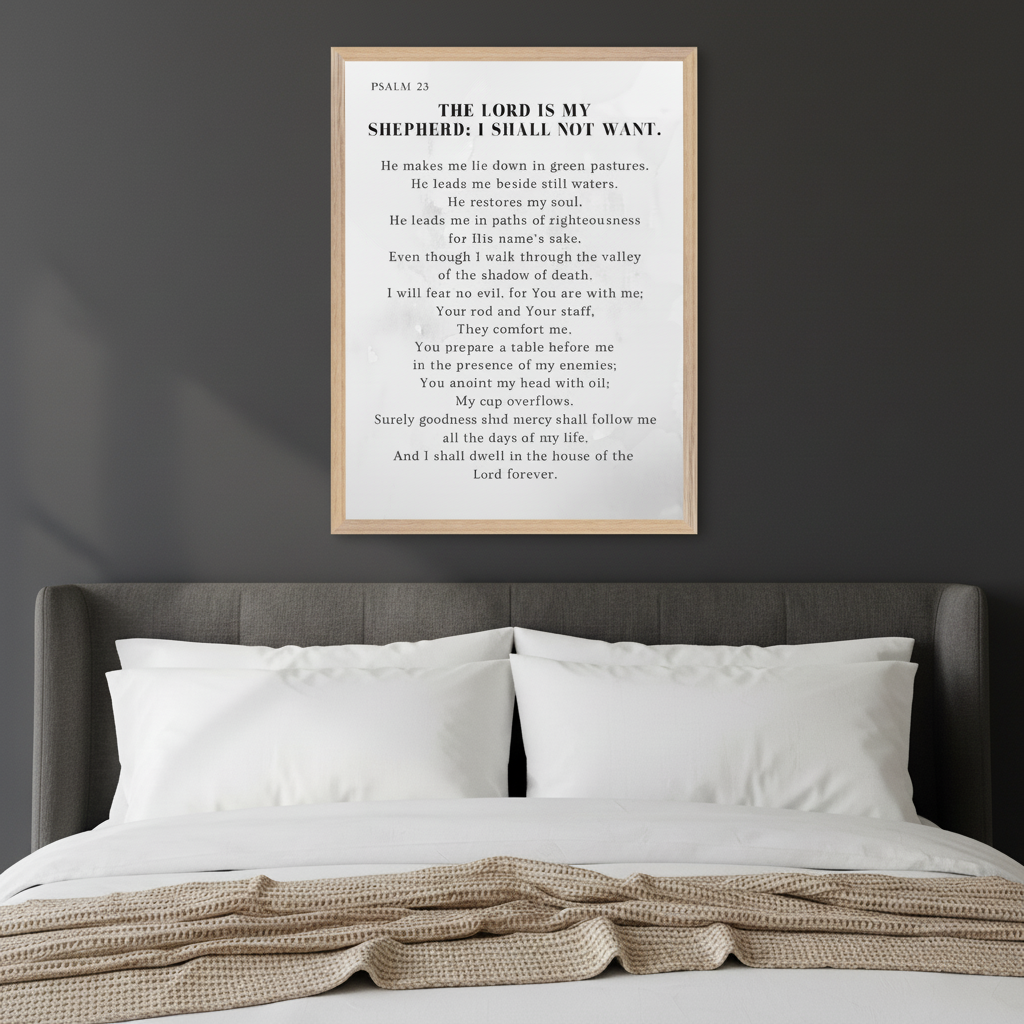 Modern bedroom with a dark grey upholstered bed, white bedding, and a light brown blanket. A vertical framed print of Psalm 23 text in black font on a white textured background hangs centered above the bed.