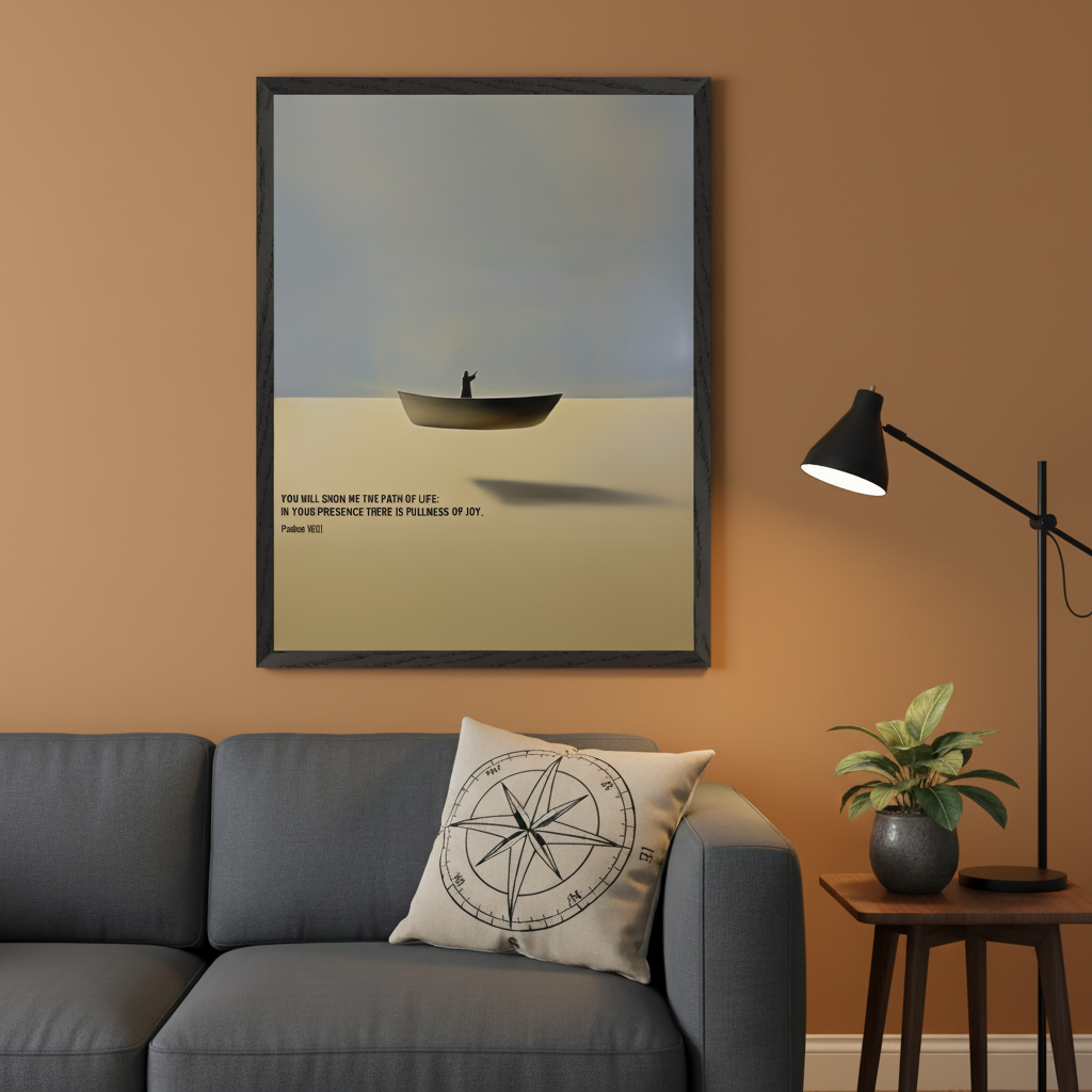 Modern living room with a gray sofa. A large framed print hangs above the sofa, depicting a minimalist boat with a figure on a light surface under a gray sky. Text: 'YOU WILL SNOW ME THE PATH OF LIFE: IN YOUR PRESENCE THERE IS PULLNESS OF JOY. Psalms 16:11'. A compass cushion rests on the sofa.