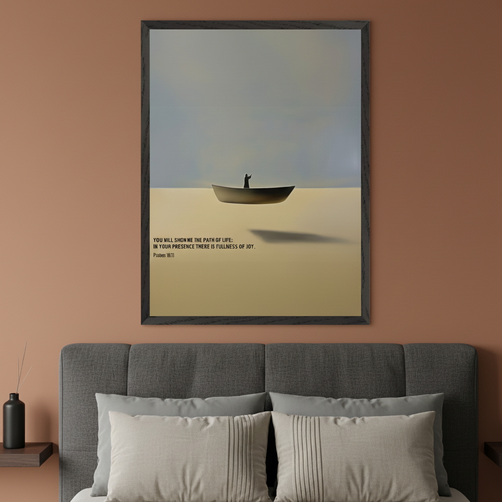 Modern bedroom with a grey upholstered bed. A large, dark-framed print hangs on an orange-brown wall above the bed. The minimalist artwork shows a person in a boat on a yellow surface under a grey sky, with a quote from Psalms 16:11 below.