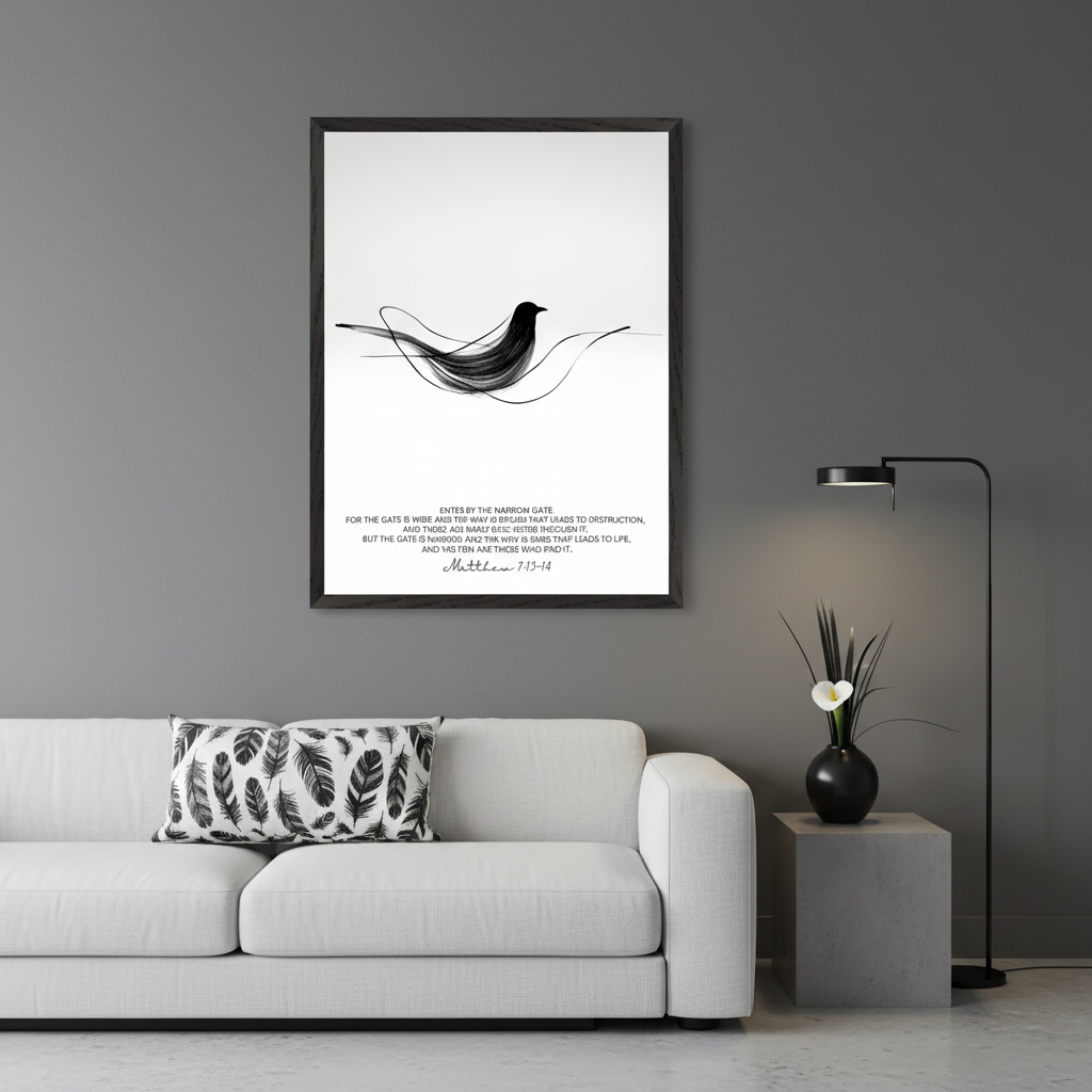 Modern living room with a white sofa. A large framed black and white abstract bird drawing with Matthew 7:13-14 text hangs above the sofa to the right. A concrete side table with a lamp and vase sits beside it.
