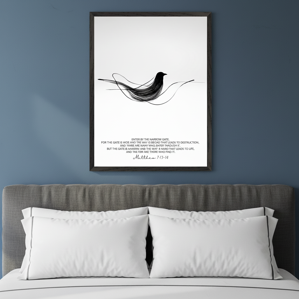 Modern bedroom with a gray upholstered bed and white pillows. A framed black and white abstract art print of a bird on a wire hangs above the bed. Below the bird is a quote from Matthew 7:13-14, with visible misspellings.