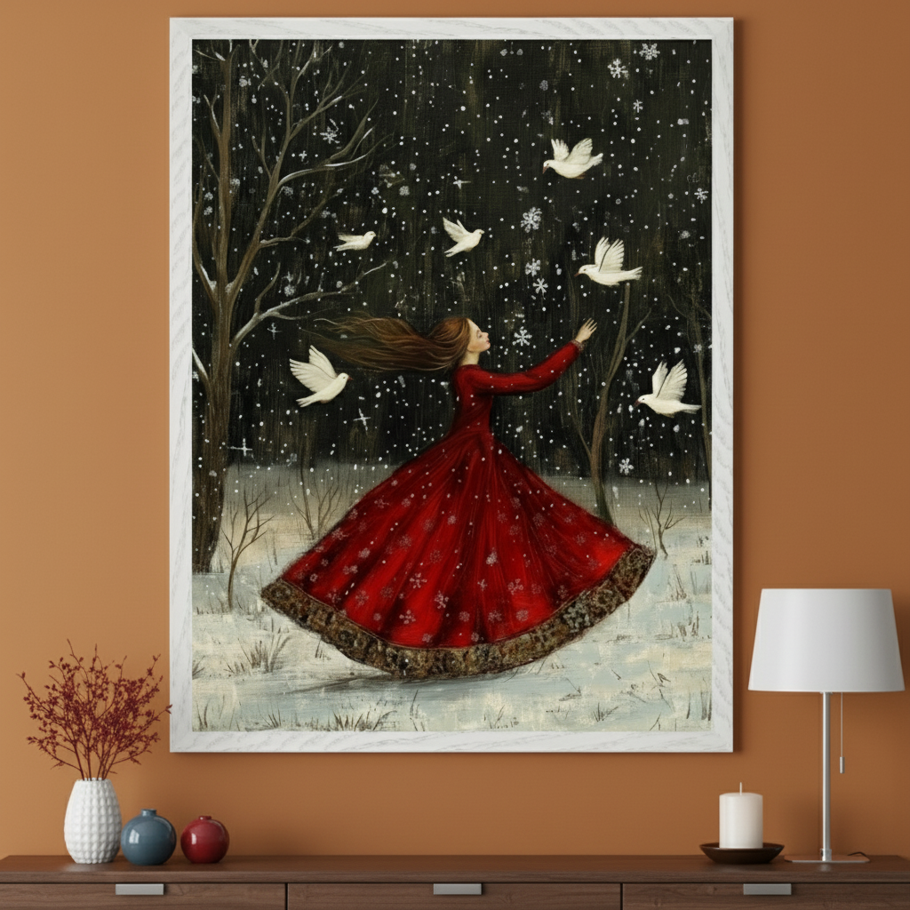 Contemporary room with a dark wood console table. A large white-framed painting depicts a woman in a red dress reaching to white doves amidst falling snow in a dark forest, hung above the table.