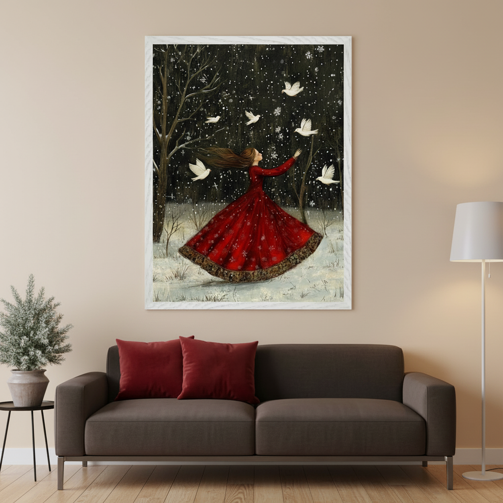 Modern living room with a dark brown sofa and red pillows. A large framed painting hangs centered above the sofa, featuring a woman in a red dress dancing in a snowy forest with white doves and snowflakes.