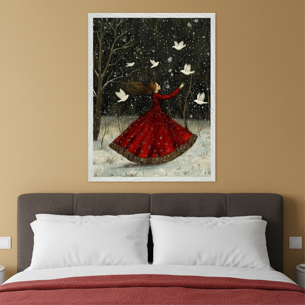 Modern bedroom with a dark gray upholstered bed. A framed painting of a woman in a red dress with long hair, reaching for white birds in a snowy dark forest, hangs centered above the bed.