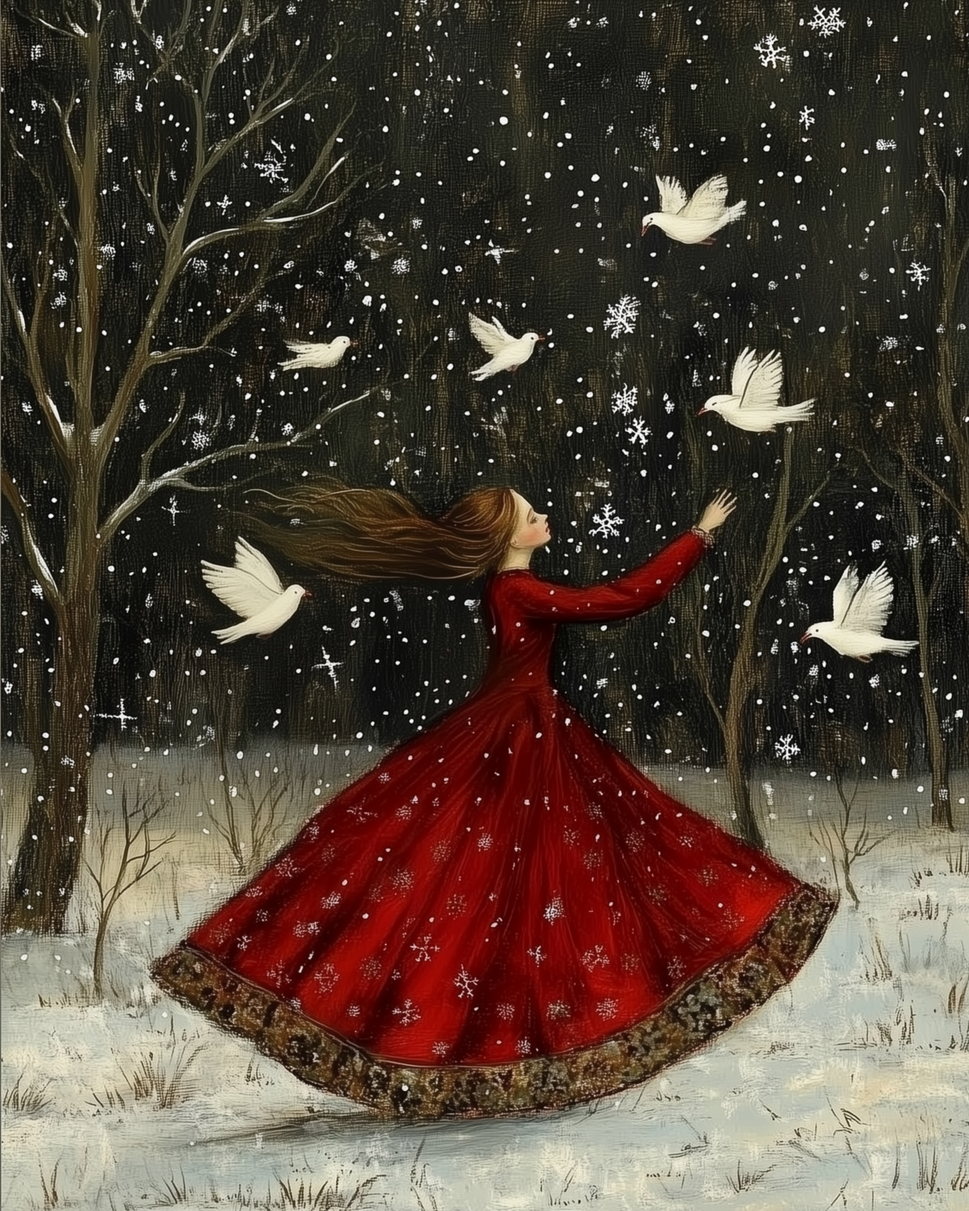A whimsical painting of a girl in a flowing red gown reaching toward white doves flying through a snowy forest night, with bare trees and falling snowflakes surrounding her.
