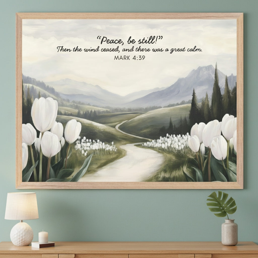 Modern living room with a light wood console table. A large framed serene landscape painting hangs centered above, showing green hills, mountains, a winding path, white tulips, and text from Mark 4:39.