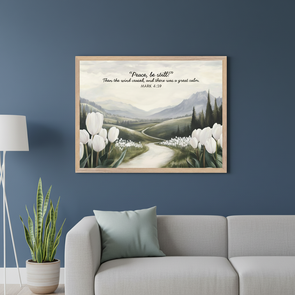 Modern living room with a gray sofa and white floor lamp. A framed landscape painting hangs above the sofa, featuring a winding path through a green valley with white tulips, mountains, and trees. The artwork includes the quote "Peace, be still! Then the wind ceased, and there was a great calm." and "MARK 4:39".