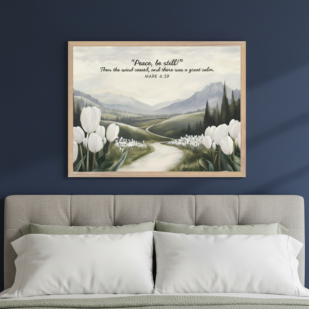 Modern bedroom with a grey upholstered bed. A framed landscape painting of rolling hills, a path, white tulips, and distant mountains, with text "Peace, be still!" Mark 4:39, hangs above the bed.