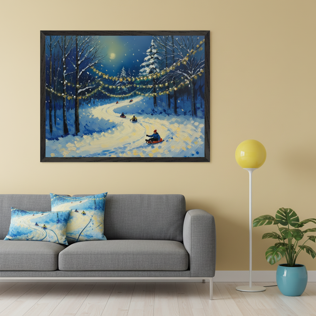 Modern living room with a grey sofa. A large framed oil painting depicting a moonlit winter forest with people sledding and string lights hangs centered above the sofa. Two decorative pillows with matching artwork designs are on the sofa.