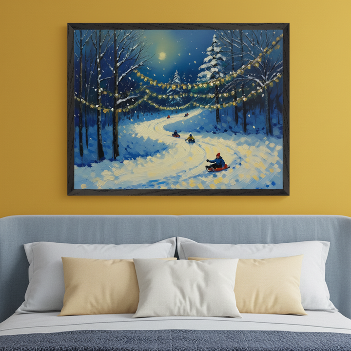 Modern bedroom with a blue upholstered bed and pillows. A large framed oil painting of a snowy winter night scene with people sledding under string lights and a full moon hangs centered above the bed on a yellow wall.