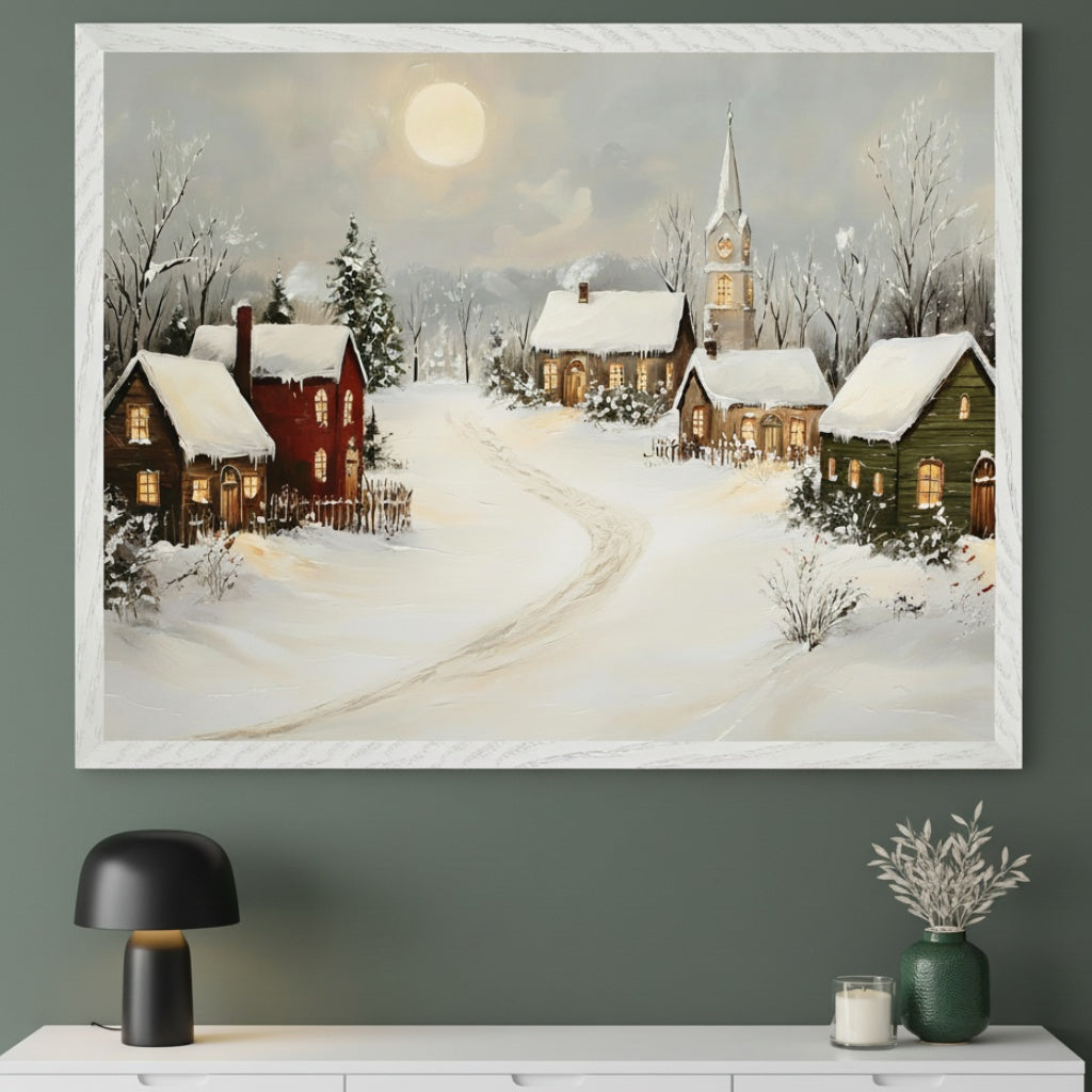 Modern room with a dark green wall and a white console table. A large framed painting of a snowy winter village at night with a full moon and illuminated houses hangs above the table.