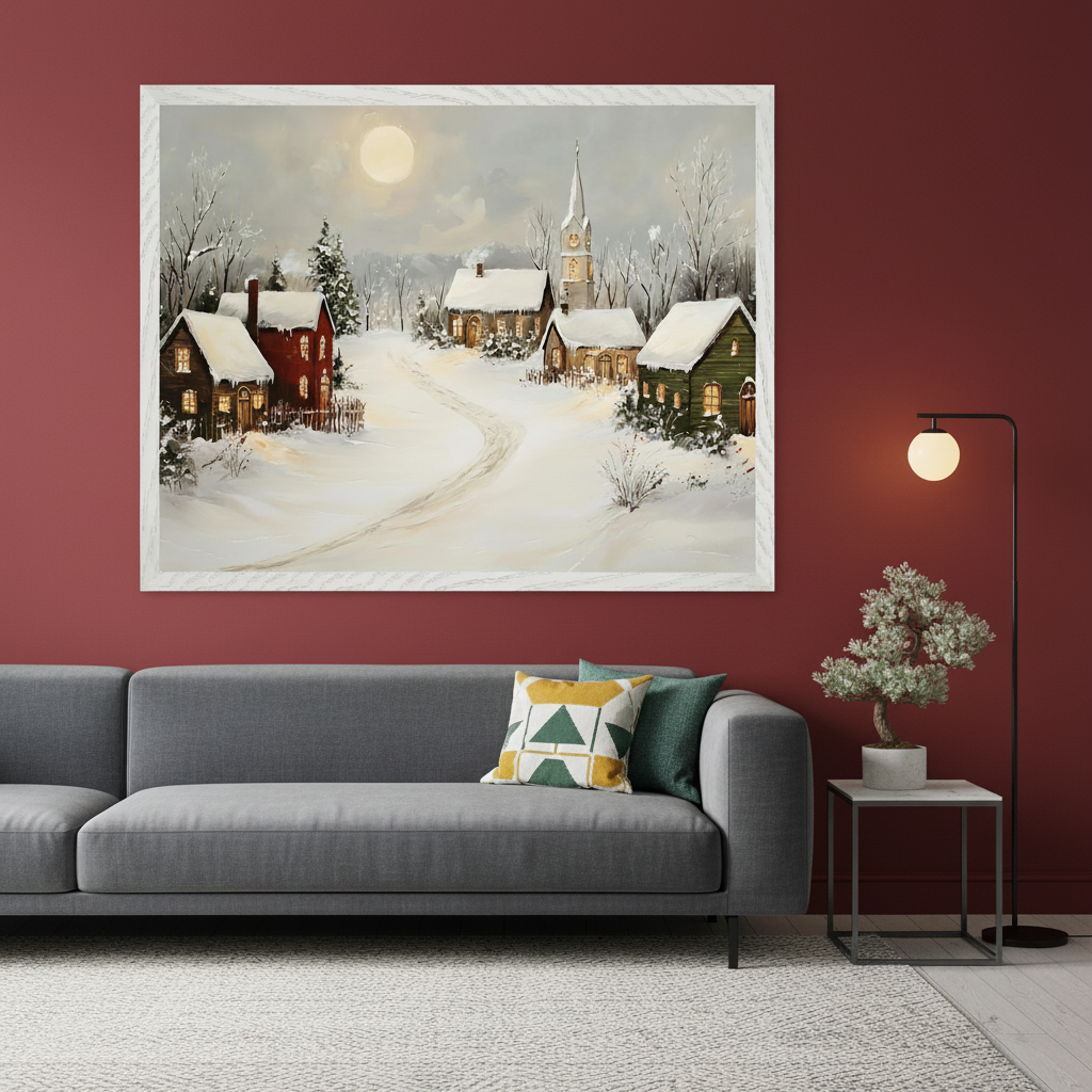 Modern living room with a grey sofa against a maroon wall. A large framed painting of a snowy winter village scene with houses, a church, and a full moon hangs centered above the sofa. A floor lamp and plant are to the right.