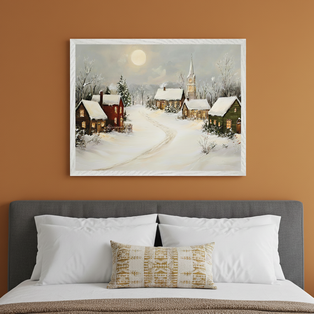 Modern bedroom with a gray upholstered bed and white pillows. A large framed traditional painting of a snowy winter village with houses, a church, and a full moon hangs centered on an orange wall above the bed.