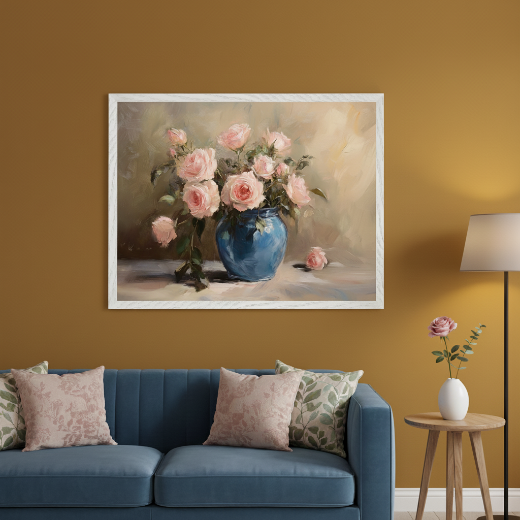 Living room with a blue sofa. Above the sofa hangs a large, white-framed still life painting of pink roses in a blue vase. A floor lamp and side table with a rose are to the right.