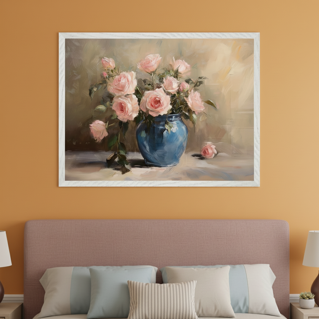 Bedroom with a pink upholstered bed. A framed still life oil painting of pink roses in a blue vase, with a fallen rose, hangs centered above the bed.
