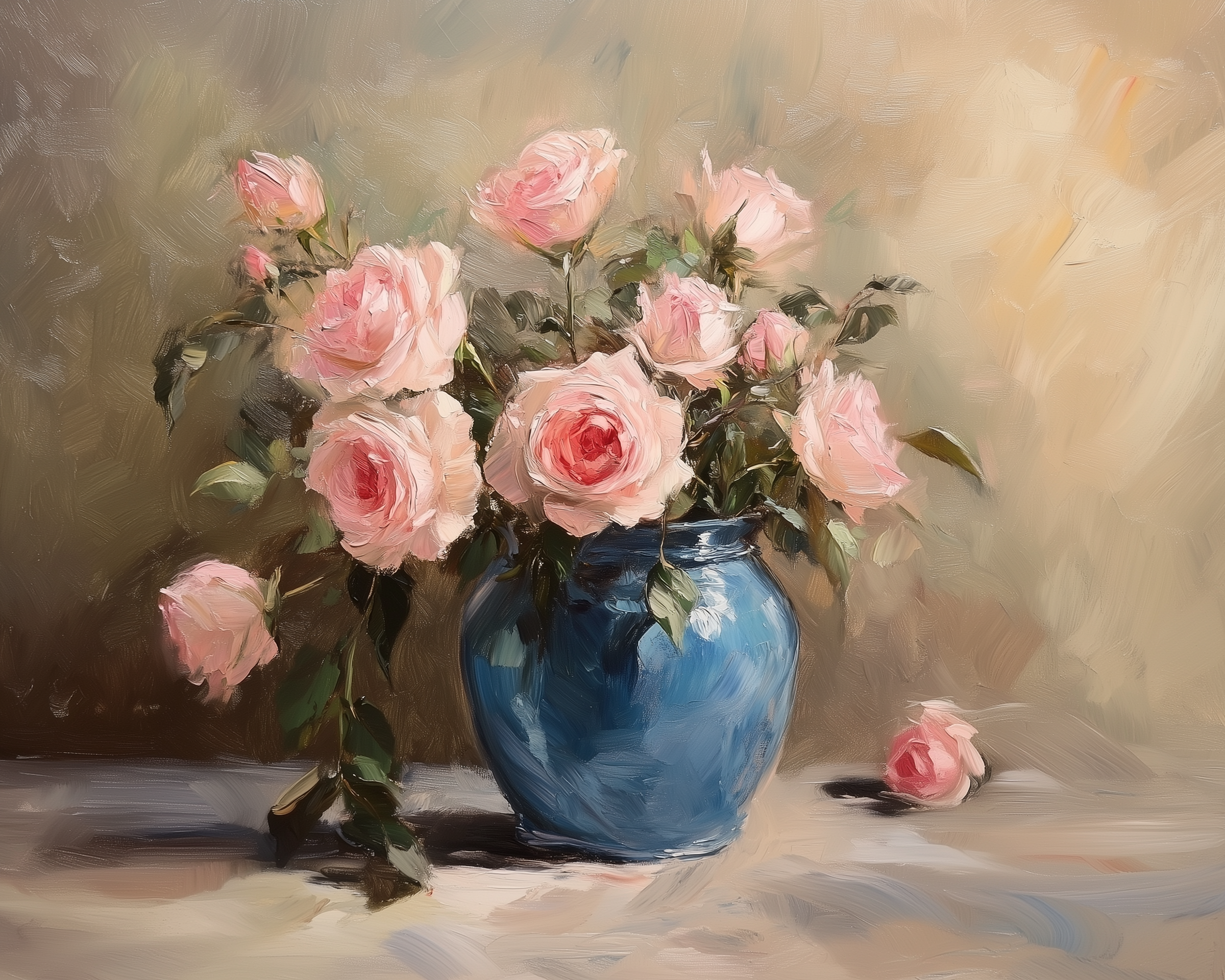 Oil painting of a bouquet of light pink roses in a glossy blue ceramic vase, with one fallen bloom on the table, set against a warm, textured background.

