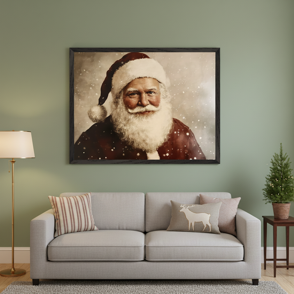 Living room with a gray sofa. A large framed portrait of Santa Claus with a red hat and white beard, featuring a snowy backdrop, hangs above the sofa. A gold floor lamp is on the left; a small lit Christmas tree sits on a side table to the right.