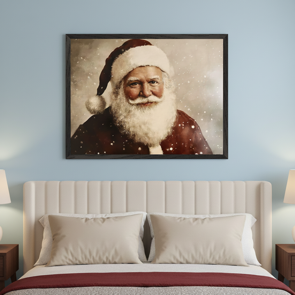 Modern bedroom with a light blue wall and a beige upholstered bed. A large framed portrait of Santa Claus with a white beard, red hat, and a smiling face, set against falling snow, hangs above the bed.