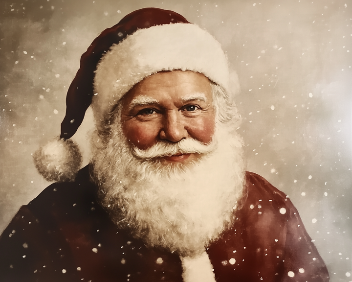 Traditional portrait of Santa Claus with a warm smile, rosy cheeks, and a fluffy white beard, wearing a red hat and coat, surrounded by softly falling snow.
