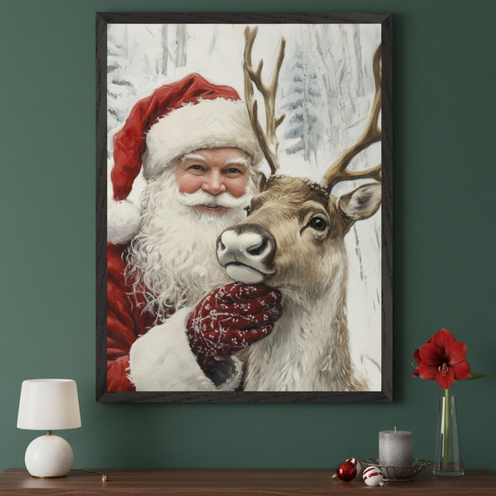 Living room with a dark wood table. A large framed painting of Santa Claus hugging a reindeer in a snowy forest hangs centered on the deep green wall above the table.