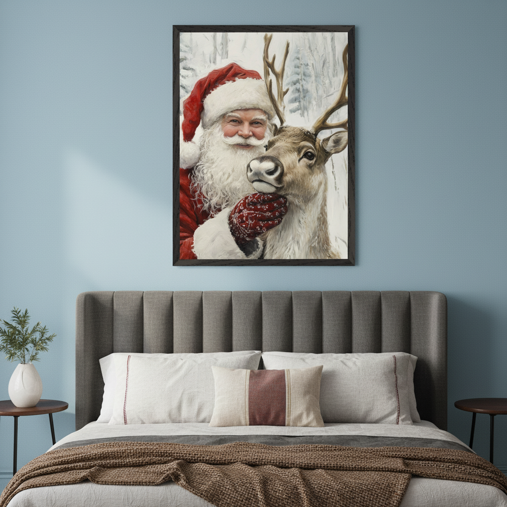 Modern bedroom with a gray upholstered bed. A large framed painting of Santa Claus hugging a reindeer in a snowy scene hangs centered above the bed.