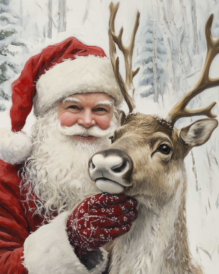 Cheerful painting of Santa Claus in a snowy forest smiling beside a reindeer, his red mitten resting gently on the reindeer's neck, with snow-covered trees in the background.
