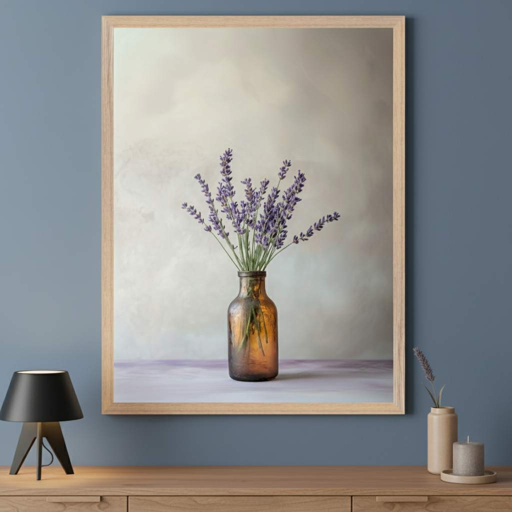 Living room with a blue-gray wall. Centered above a light beige sectional sofa with a purple pillow is a large, framed print showing a still life of lavender in an amber glass bottle on a purple surface. A black floor lamp and a potted plant are on the left.