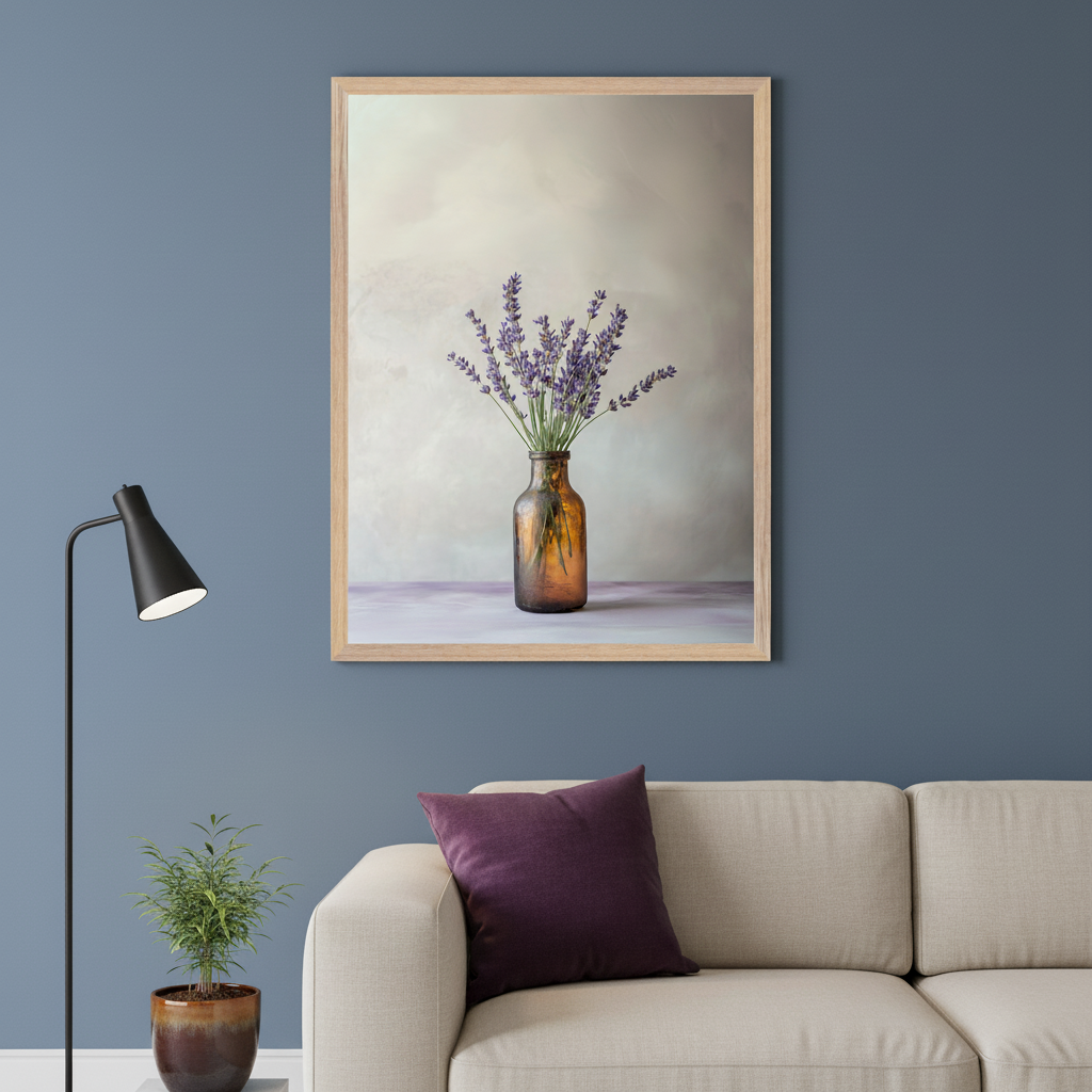Living room with a blue-gray wall. Centered above a light beige sectional sofa with a purple pillow is a large, framed print showing a still life of lavender in an amber glass bottle on a purple surface. A black floor lamp and a potted plant are on the left.