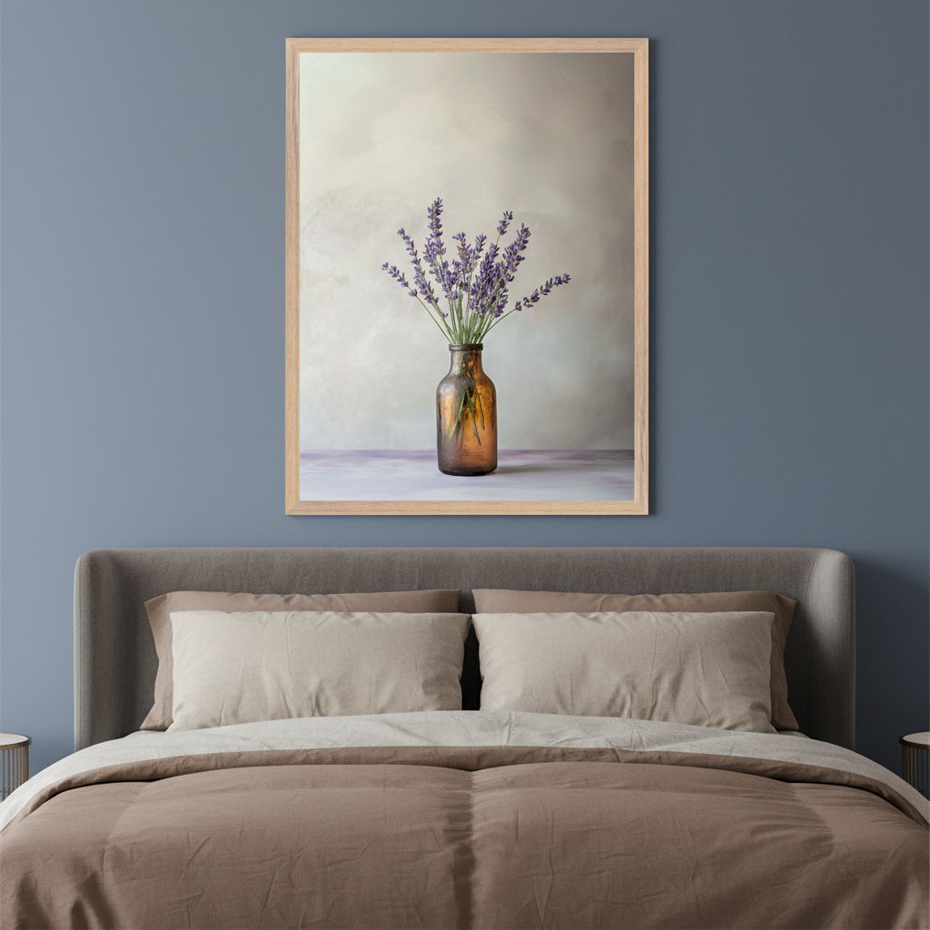 Modern bedroom with a grey bed and neutral bedding. A light wood-framed print of a still life with purple lavender flowers in an amber bottle hangs centered above the bed on a blue wall.