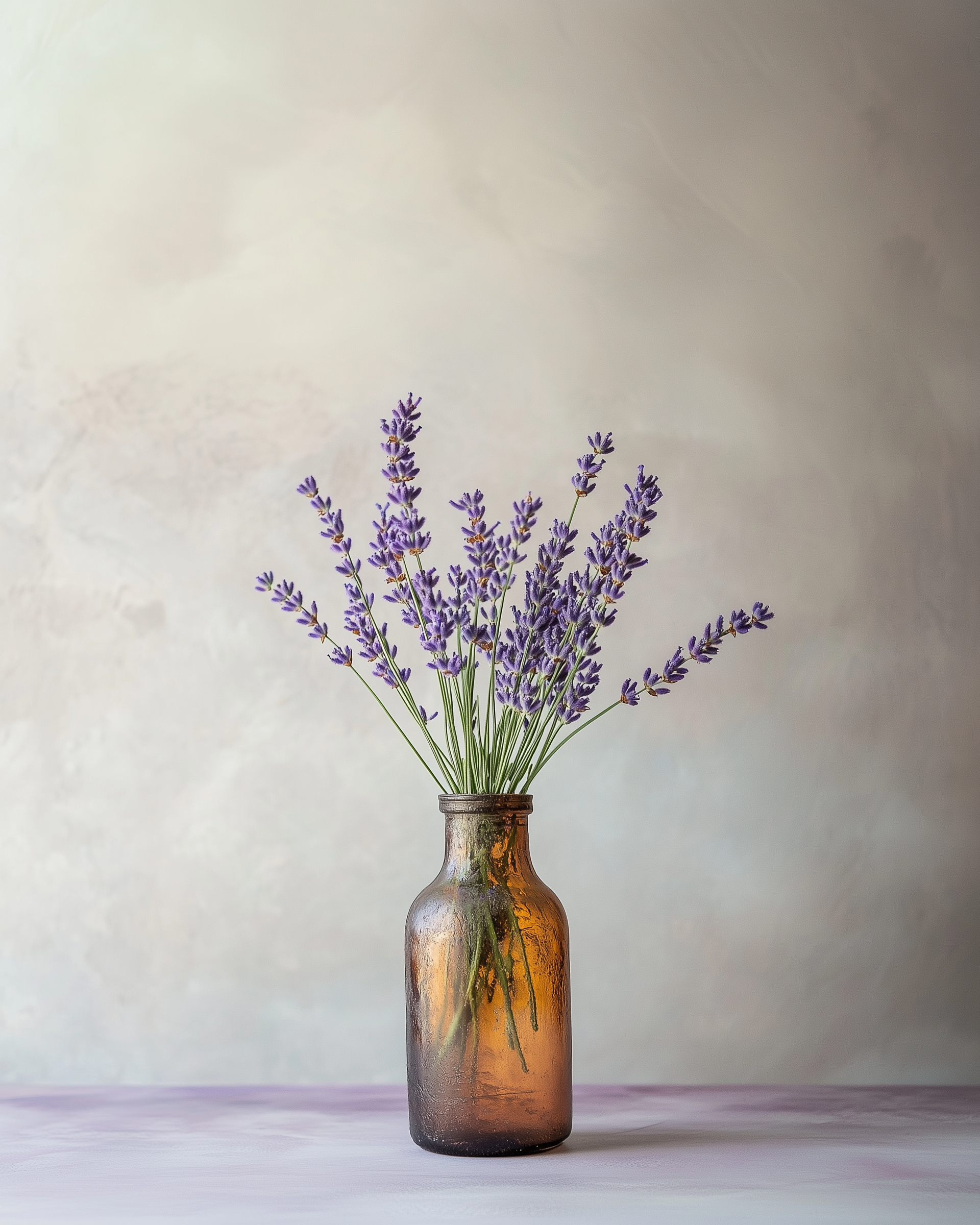 Minimalist photograph of fresh lavender stems arranged in a translucent amber glass bottle, placed on a soft lavender-hued surface with a muted pastel background.
