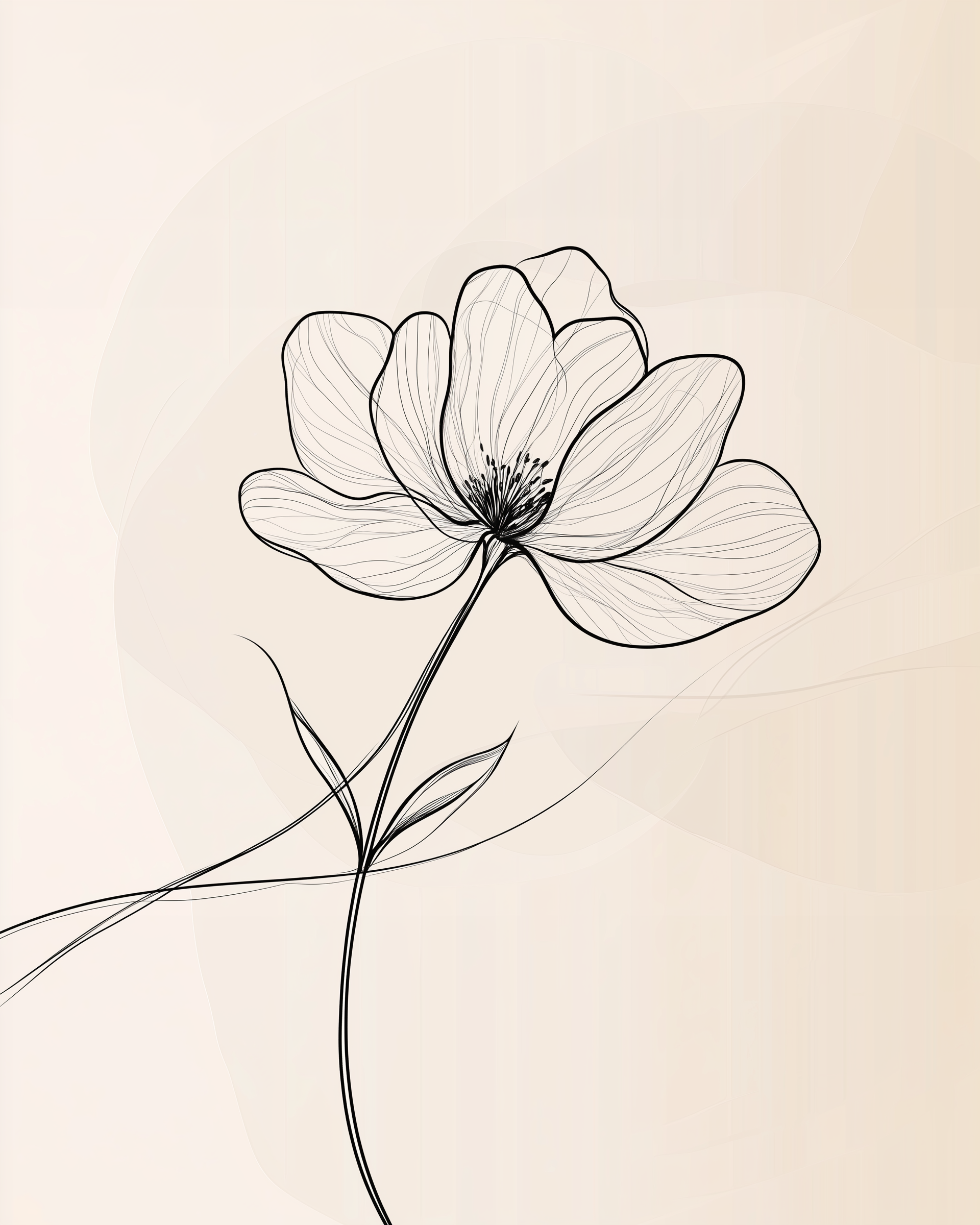 Delicate black line drawing of a single flower with flowing petals and curved stem on a soft beige background, showcasing a modern minimalist botanical style.

