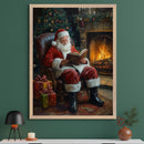 Living room with a dark green wall, white console table, black lamp, candle, and vase. A framed painting of Santa Claus reading a book by a fireplace and Christmas tree hangs centered above the table.