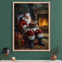 Living room with a dark green wall, white console table, black lamp, candle, and vase. A framed painting of Santa Claus reading a book by a fireplace and Christmas tree hangs centered above the table.