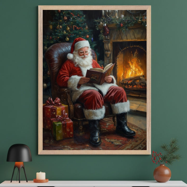 Living room with a dark green wall, white console table, black lamp, candle, and vase. A framed painting of Santa Claus reading a book by a fireplace and Christmas tree hangs centered above the table.