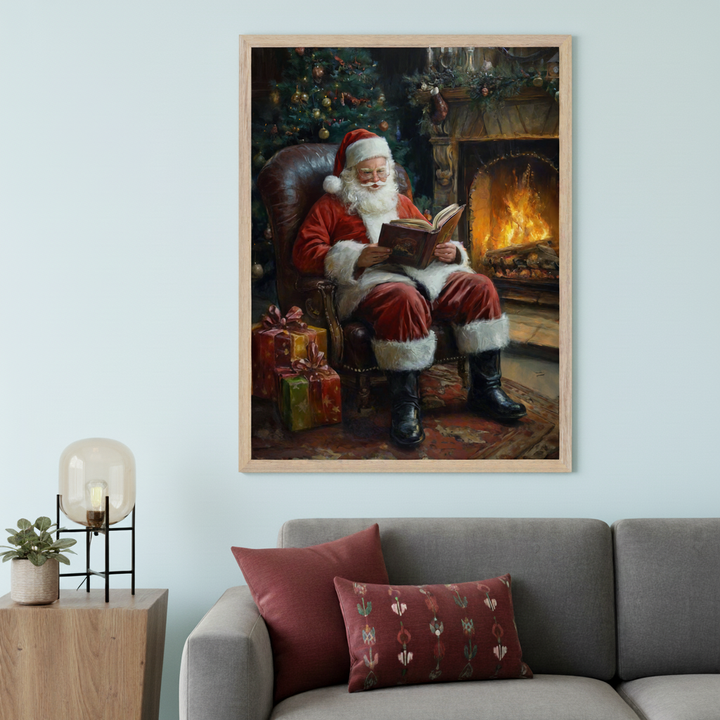 Modern living room with a gray sofa. A large framed painting of Santa Claus in a red suit and white beard reading in an armchair by a fireplace and Christmas tree hangs above the sofa. A wooden side table with a lamp and plant is on the left.