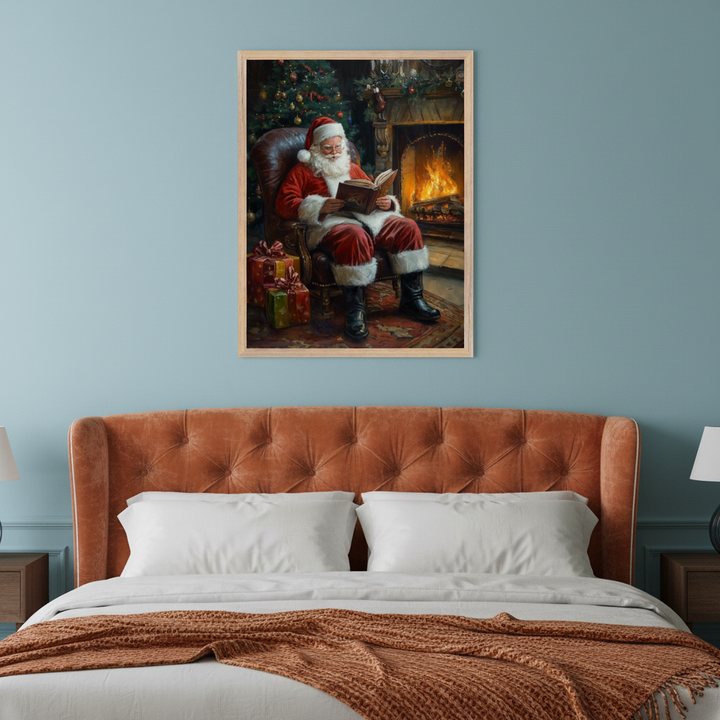 Bedroom with an orange tufted headboard. A framed painting showing Santa Claus in a red suit reading a book by a fireplace, with a Christmas tree and presents, hangs above the bed.