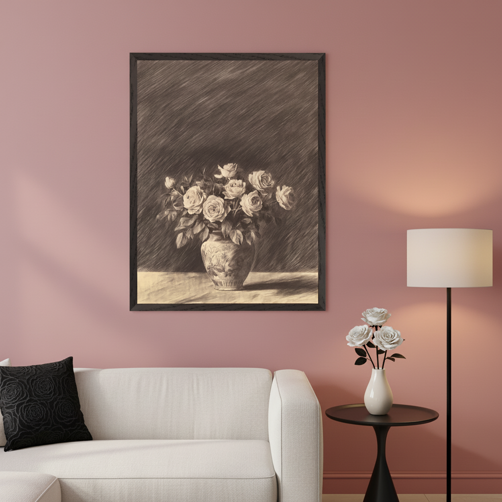 Living room with a white sectional sofa and black pillow against a pink wall. A framed sepia-toned sketch of roses in a vase hangs above the sofa. To the right are a black side table with white roses and a black floor lamp.