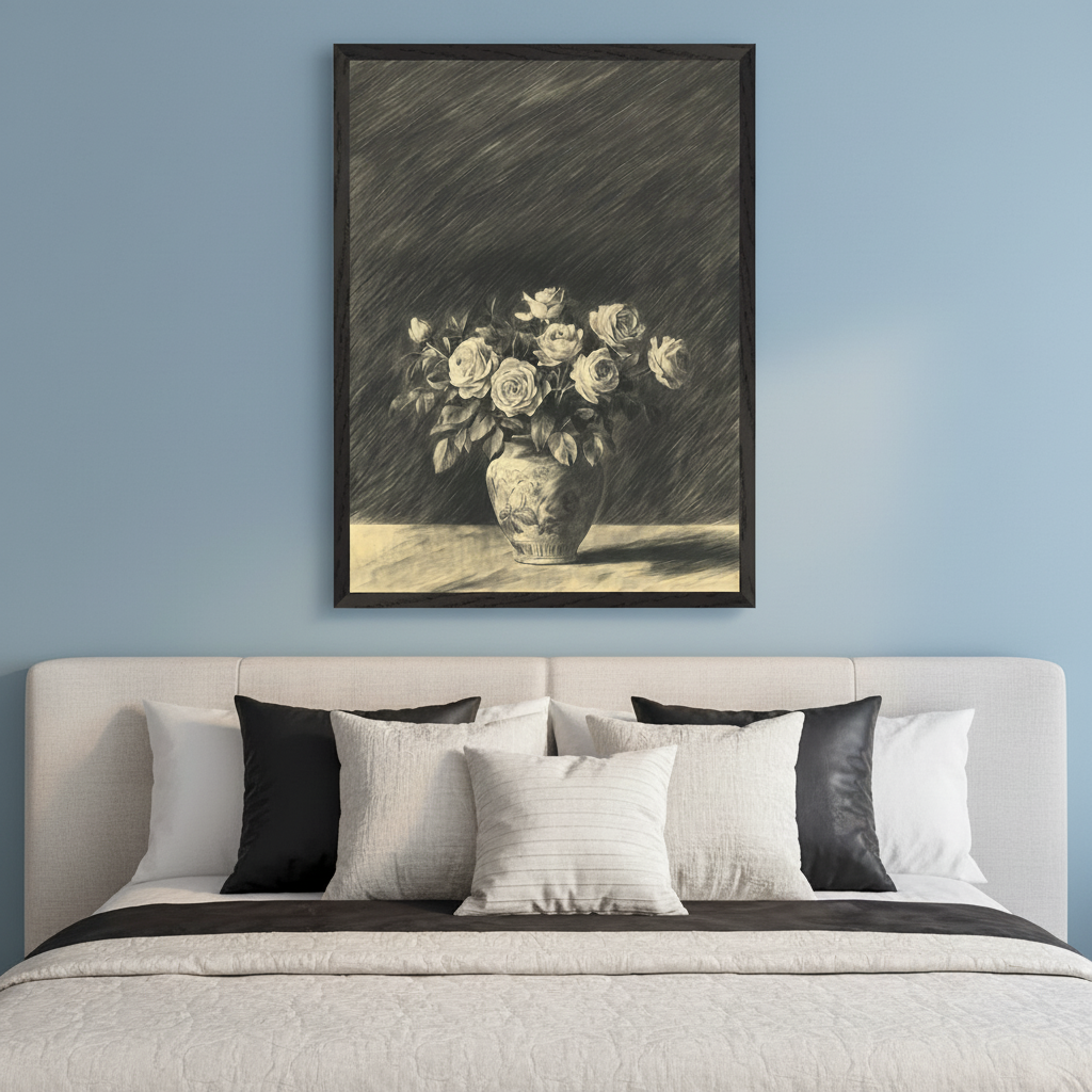 Bedroom with a beige upholstered bed and headboard. A large framed sepia-toned sketch of roses in a vase hangs centered on a light blue wall above the bed.