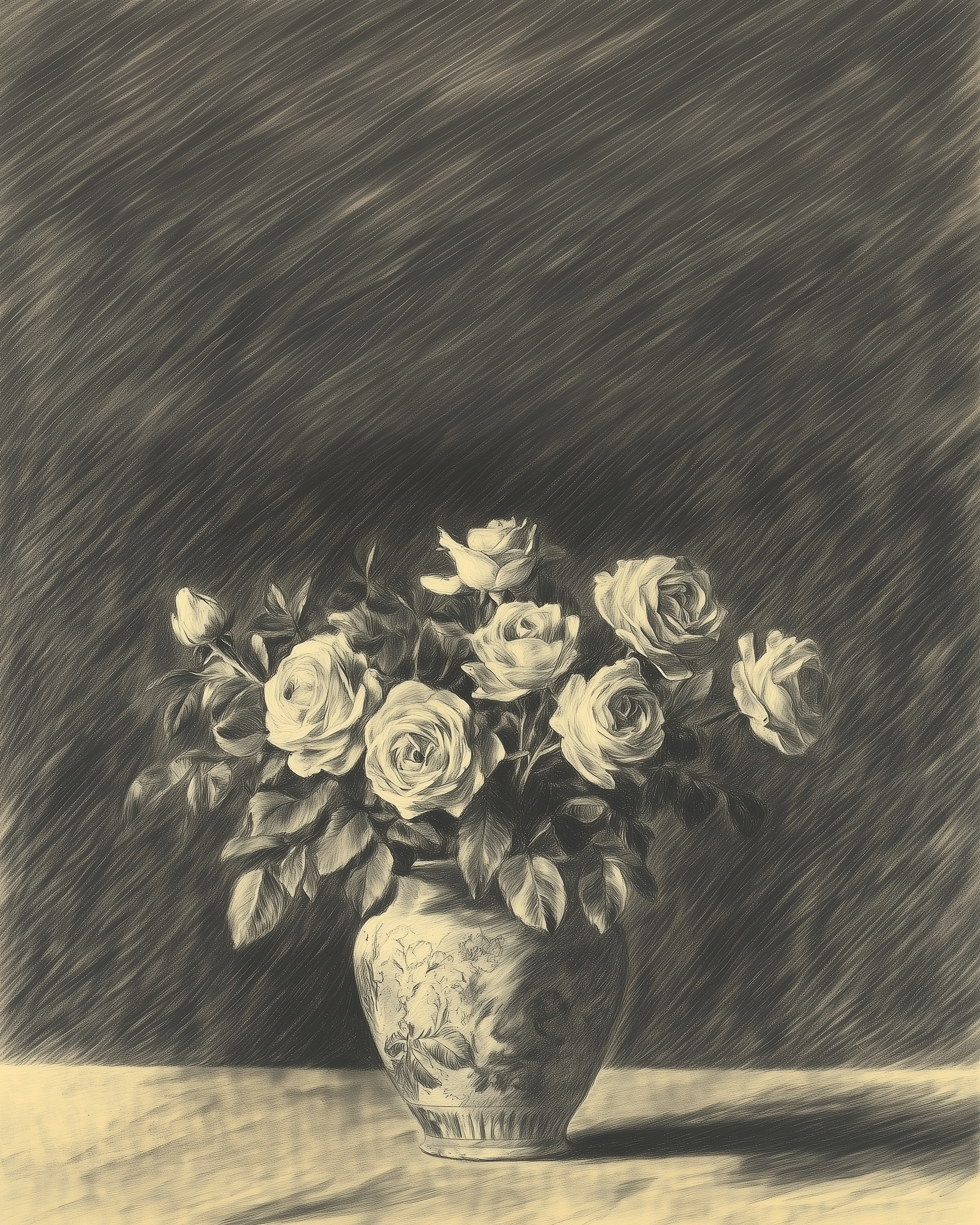 A sepia pencil illustration of blooming roses in a ceramic vase decorated with floral carvings, set on a lightly textured table against a softly shaded background.
