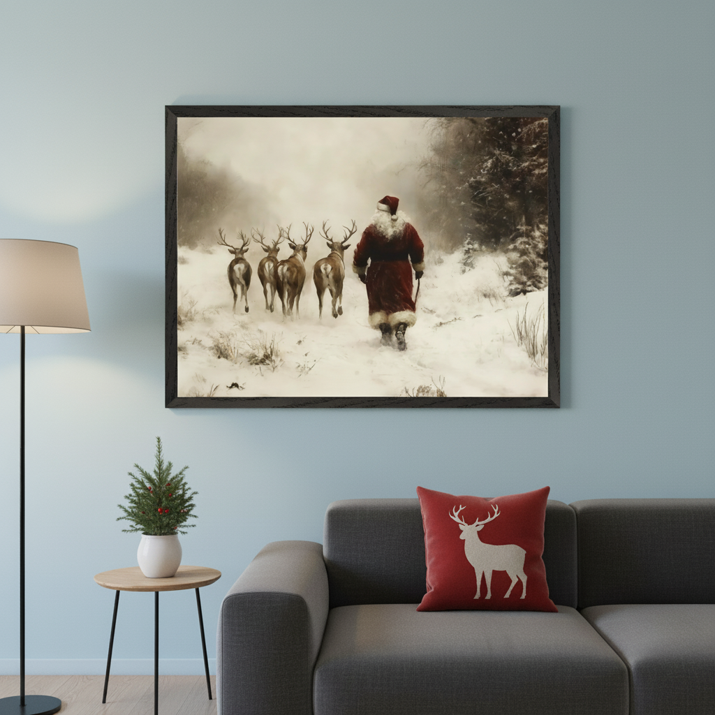 Modern living room with a gray sectional sofa. A large framed painterly print of Santa Claus and five reindeer walking in a snowy forest hangs above the sofa. A red deer pillow is on the sofa, and a small Christmas tree is on a side table.